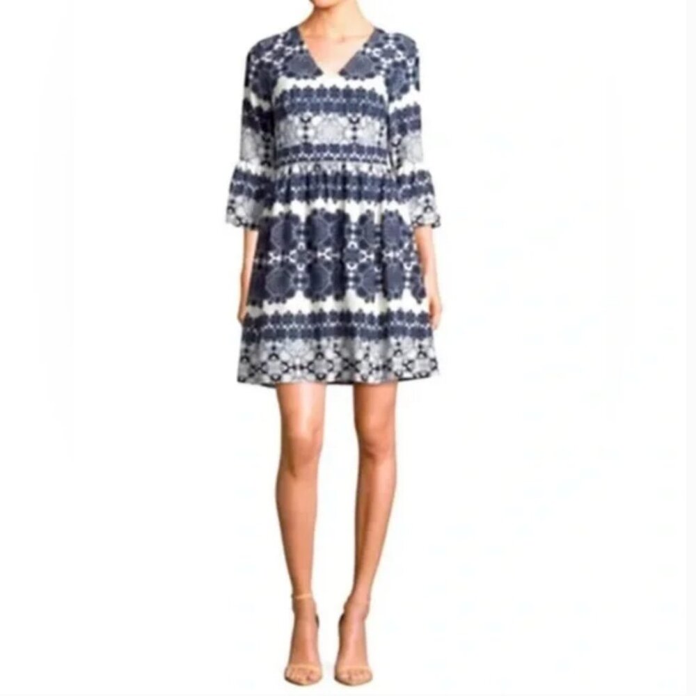 Eliza J Navy and White Patterned Bell Sleeve Fit and Flare Dress